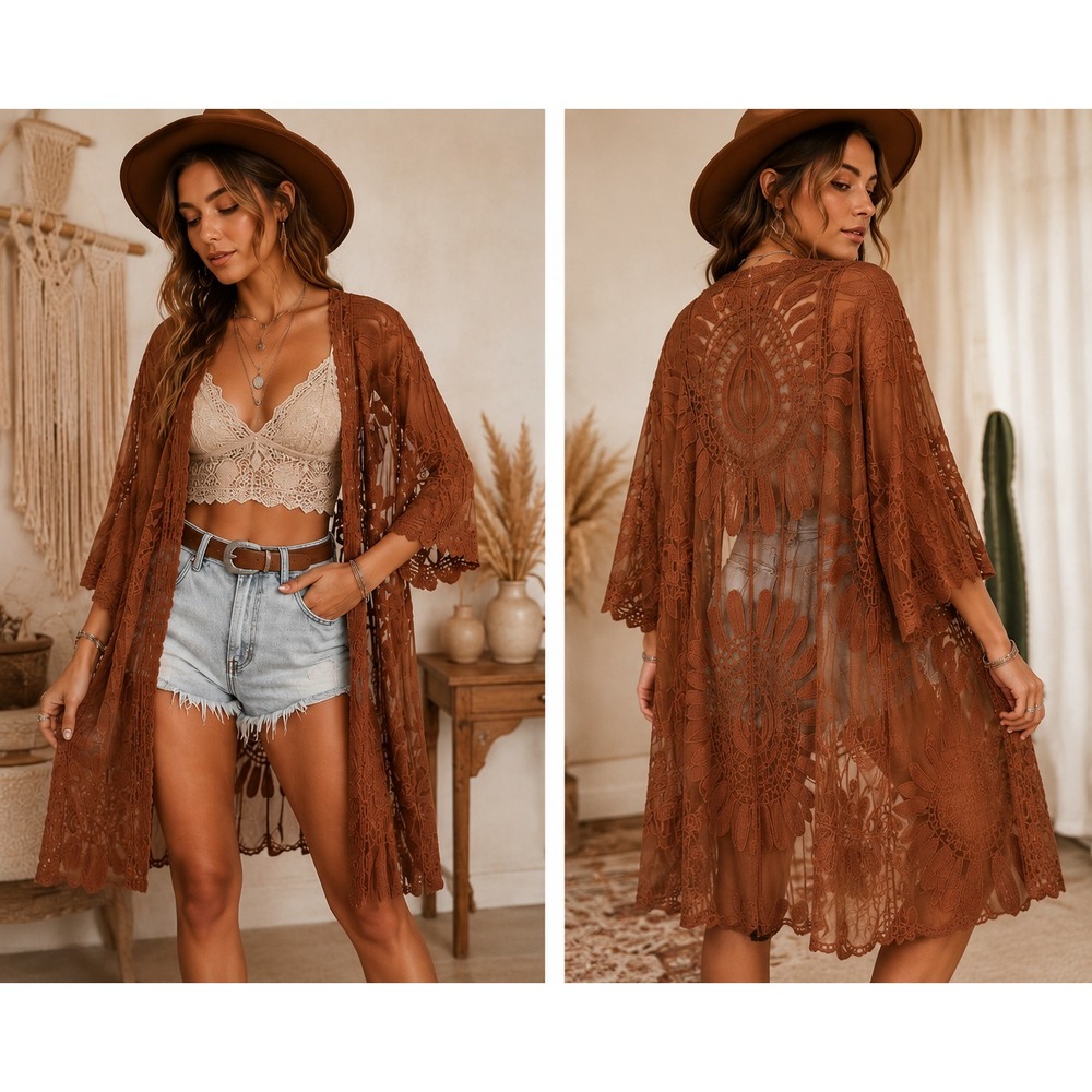 Soft Surroundings Brown Lace Mesh Duster Kimono Boho Festival Cottagecore M/L